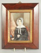 VICTORIAN SCHOOL PORTRAIT MINIATURE OF A LADY sitting in a chair knitting. 4.5ins x 3ins in a