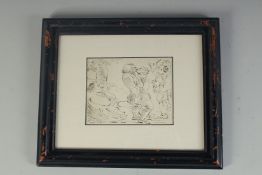 CIRCLE OF ROWLANDSON. INK SKETCH with three figures. 4ins x 5ins.