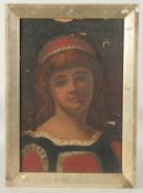 Early 20th Century, a head study of a female figure in historical dress, oil on board, 17