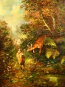 20th Century German School, two deer on an autumnal woodland path, oil on canvas, indistinctly