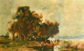 Kelemen (Early 20th Century), figures gathered by the water's edge, oil on canvas, signed, 29.5