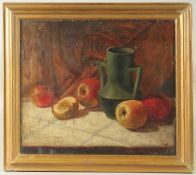 Early 20th Century, a still life of apples and other objects, oil on canvas, signed with initials