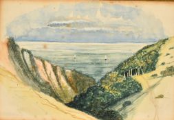 Circle of William Dyce, A cliff top coastal path overlooking a bay, watercolour, 3.5