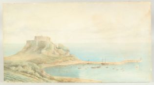 English School (19th/20th Century), A view of Corey castle and harbour, Jersey, watercolour, 10.5