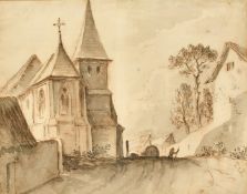 Attributed to Willem Schellinks (1627-1678), village scene with a figure by a church, ink and