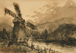 Attributed to David Cox (1783-1859), figures in a river valley by a windmill, watercolour, signed,