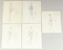 Circle of Hardy Amies, 5 ladies fashion sketches, coloured pencil, each paper size 9.75
