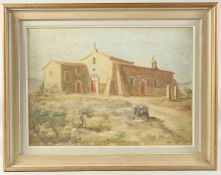 M. Russell, circa 1965, a female figure gathering items near a Continental church, oil on canvas,