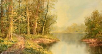 20th Century, A lake scene with trees, oil on canvas, indistinctly signed, 20