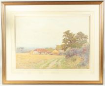 A summer landscape with a track to farm buildings, watercolour, 14.75