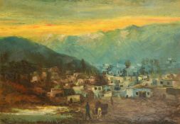 Figures approaching dwellings at dusk in an African or possibly Kashmir landscape, oil on canvas,