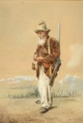 19th Century Continental School, an old huntsman carrying a rifle, watercolour, indistinctly signed,