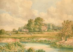 Circle of William Turner of Oxford, A river landscape with figures and sheep, a hamlet with a church