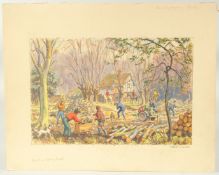 Hubert Williams (20th Century), men chopping wood, children collecting wood in a barrow and riders