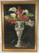 Early 20th Century, a still life of flowers in an alabaster urn, oil on canvas, 36