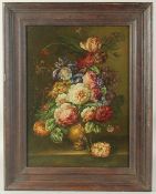 20th Century, A still life of mixed flowers in a vase on a ledge, oil on canvas, 16