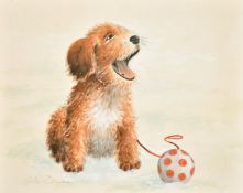 Ella Bruce (20th Century) A puppy with a ball, watercolour, signed in pencil, 7. 5