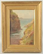 A rocky coastal inlet with sailing boats out to sea, canvas, initialled, 14