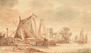 Follower of Van Goyen, fishermen hauling their nets with leeboard barges moored on a river, sepia,