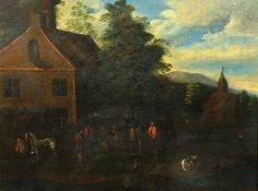 18th Century, possibly German School, Figures conversing in a landscape outside dwellings, oils on