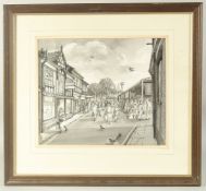 A street scene on market day with figures carrying shopping bags, watercolour and pen,