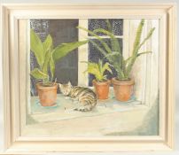 Brian Wilson (20th Century), a cat resting amongst flowerpots on a windowsill, oil on canvas,