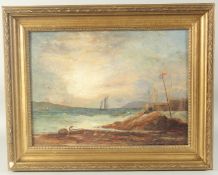 19th Century English School, A sailing boats in choppy seas outside a port, oil on canvas laid