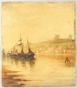Circa 1900, Boats moored at Whitby, North Yorkshire, oil on board, indistinctly signed and dated,