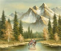 After Belmore Browne (1880-1954) American, Native American Indians on their horses in the Rockies,