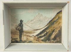20th Century Continental School, an oil sketch of a wayfarer in an alpine landscape, indistinctly