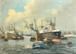 Early 20th Century Continental School, ships and barges on a busy city river, oil on canvas, 19.