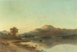 Late 19th Century, figures in a rowing boat on a Highland Loch at dusk, oil on canvas, 20