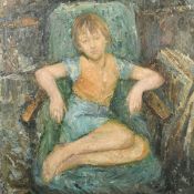 Follower of Dunlop, A young girl sitting on a chair, oil on board, 23.5