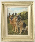 Nigel Hemming (b. 1957), two Alsatians on a hillside, oil on canvas over a print base, signed, 16
