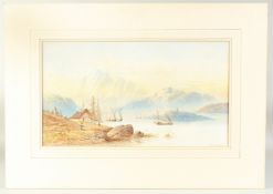 Edwin Earp (1851-1945) British, A panoramic landscape with a lake, sailing boats and mountains,