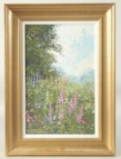 20th Century British School, a study of wildflowers in a landscape, oil on board, 14