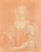 A half-length study of a female figure in Carolean dress, sepia, 9.75