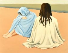 After Clifford Hall, Two bathers on the beach, oil on canvas, 16