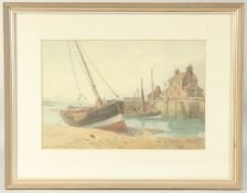 Sailing boats in a harbour wall at low tide with houses on the quay, possibly Leith, watercolour,