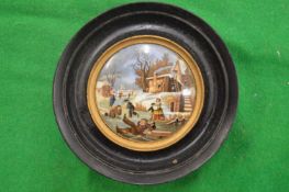 A porcelain pot lid, Dangerous Skating from Jesse Austin drawing, framed.