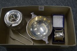 A silver twin handled bowl, a boxed silver napkin ring, plated sugar tongs and cut glass and