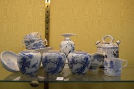A set of three blue and white pot pourri vases and other blue and white china.