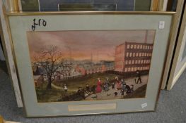 Helen Bradley, street scene with figures, colour print and various other prints.