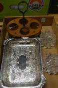 Silver plated dish, a bottle cruet and a pair of glass stands.