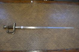 A sword with tapering double edged plain blade, wire bound grip with plated pommel, cross guard