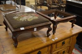 A pair of Victorian walnut framed foot stools (lacking one inset top).