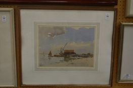 C A Morris, coastal landscape with buildings and sailing dinghies, watercolour, signed.