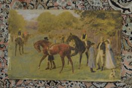 An Edwardian horse racing scene, possibly over a print base, unframed.