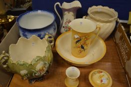 Jug and bowl set and other large jardinieres and a colourful jug.