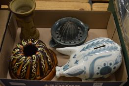 David Sharp, For Rye Pottery, a piggy bank together with three other items of studio pottery.